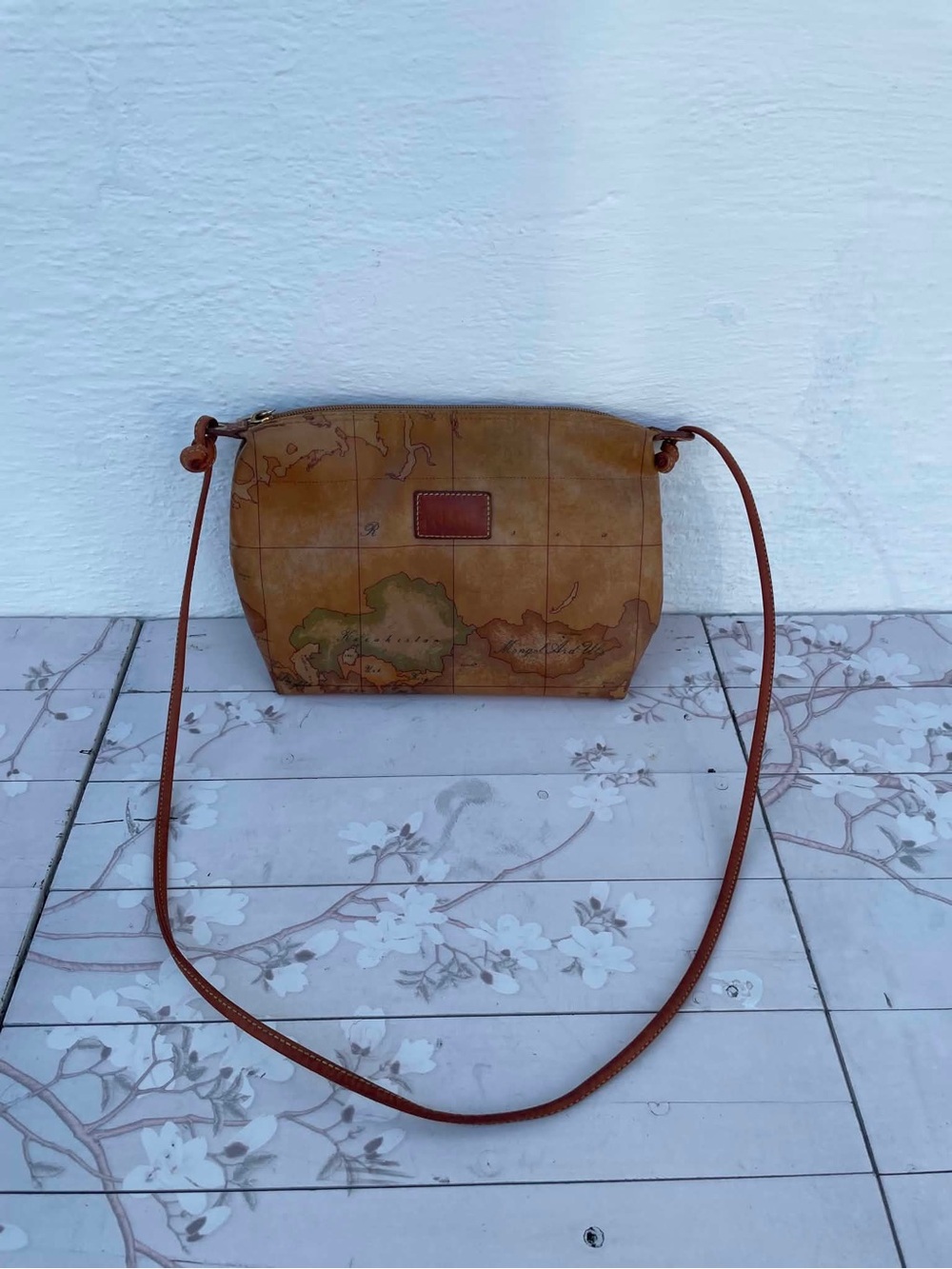 Alviero Martini Map-Print Crossbody Bag in Tan and Brown